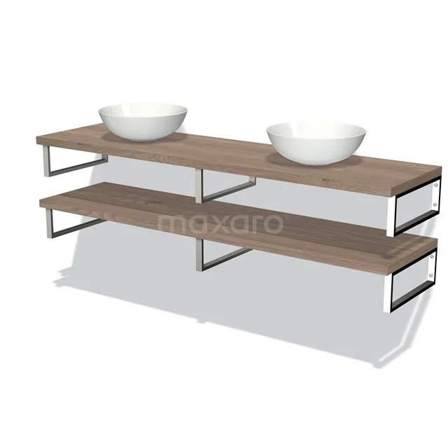 Holz-Waschtisch mit doppeltem Design, zwei runden Schalen und metallischen Akzenten, ideal für einen modernen Badezimmerstil.