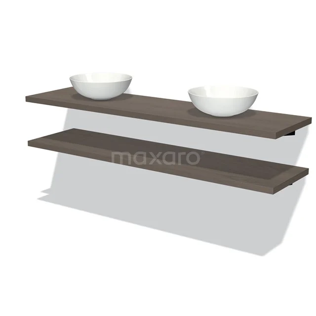 Luxe Holz-Waschtischplatte mit doppelten weißen Aufsatzwaschbecken, perfekt für eine moderne Badezimmer Einrichtung.