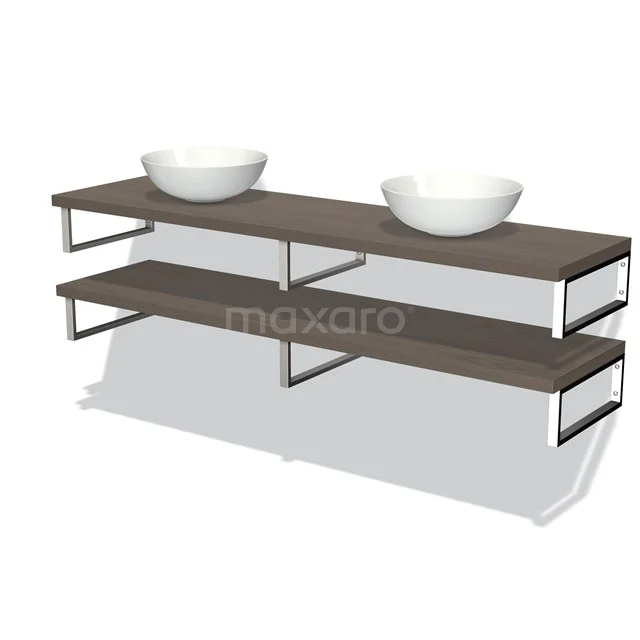 Doppelte Holz-Waschtischboard mit dunkelbraunem Holz, Metallhalterungen und zwei weißen Aufsatzwaschbecken, ideal für moderne Bäder.