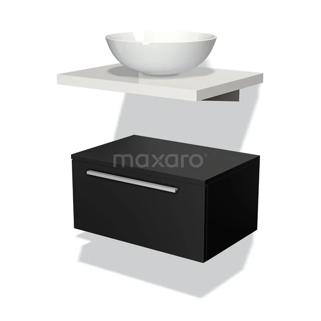 Schwarzes schwebendes Badmöbel mit Schublade und weißem keramischen Waschbecken, schlichtes modernes Design.