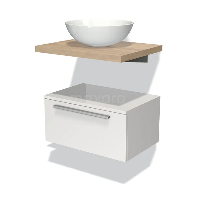 Modulo Plato Vanity units for countertop basin | 60 cm High-gloss white Flat front Light brown oak worktop Low floating BMK32-00011 White suspended bathroom unit with wooden worktop, ceramic countertop basin and drawer; modern design for compact bathrooms.