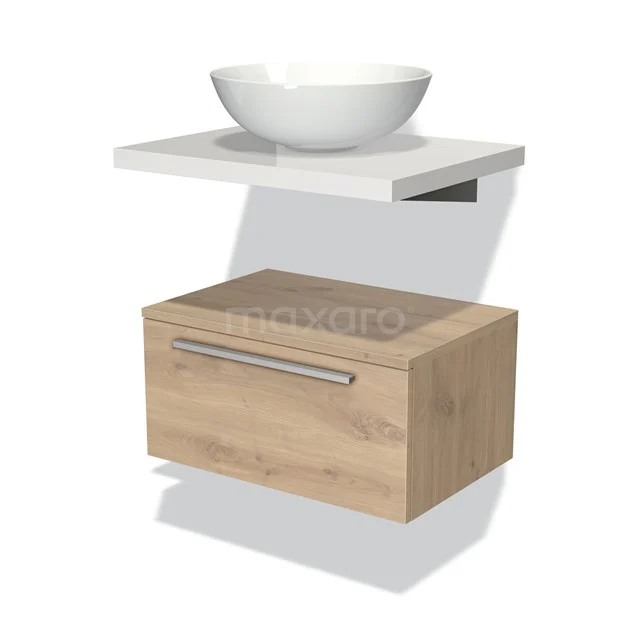 Modulo Plato Badmöbel mit Aufsatzwaschbecken | 60 cm Hellbraune Eiche Flach front Hochglanz Weiß blatt Tief hängend BMK32-00015 Wandhängendes Badmöbel mit Holzoptik-Schublade, weißem keramischen Aufsatzwaschbecken und schwebendem Design für einen modernen Badezimmerstil.