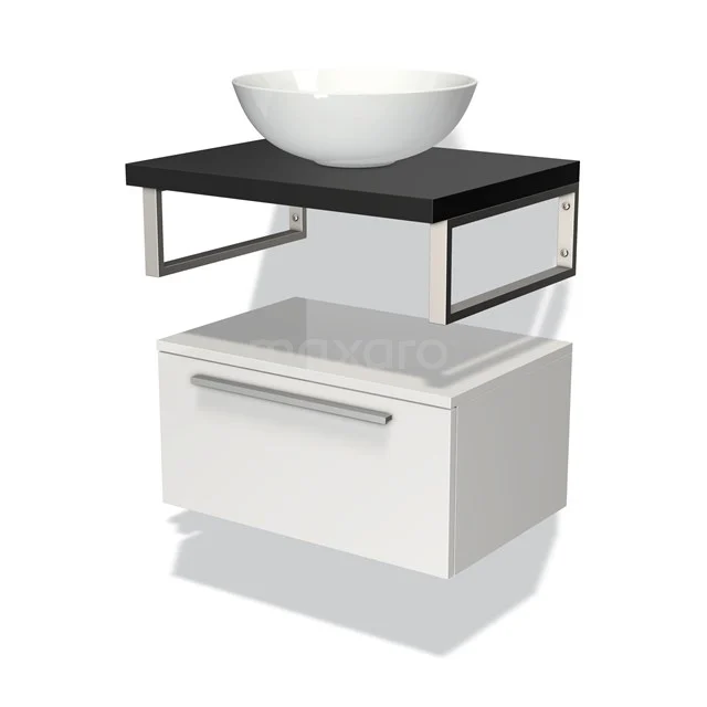 White hanging bathroom unit with black worktop and round countertop wash basin, modern design style and compact storage space.