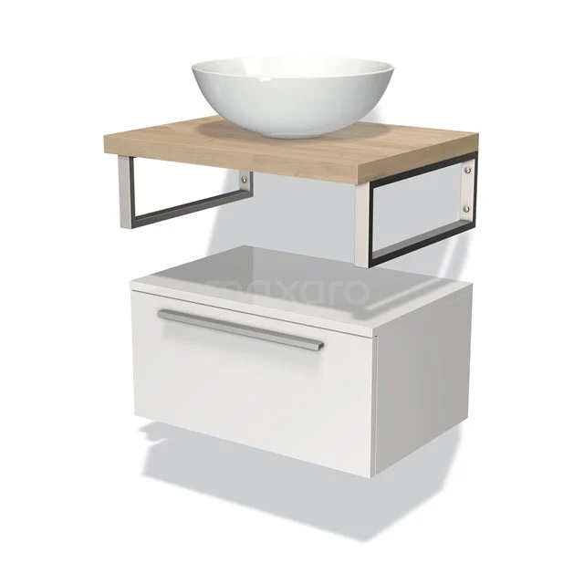 White wooden bathroom unit with top-mounted basin, metal frame and drawers, sleek design for modern bathroom design.