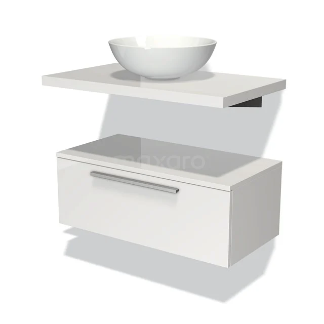 White floating bathroom unit with ceramic countertop wash basin, modern drawers and sleek finish for a stylish bathroom.