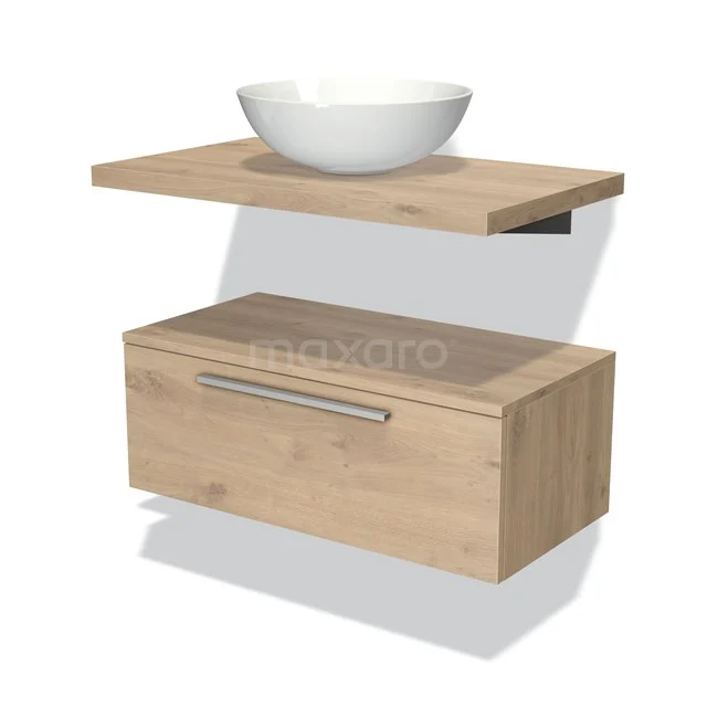 Modulo Plato Badmöbel mit Aufsatzwaschbecken | 80 cm Hellbraune Eiche Flach front Hellbraune Eiche blatt Tief hängend BMK32-00043 Holz-Badmöbel mit Schublade und weißem Aufsatzwaschbecken, modernes schwebendes Design, ideal für stilvolle Badezimmergestaltung.