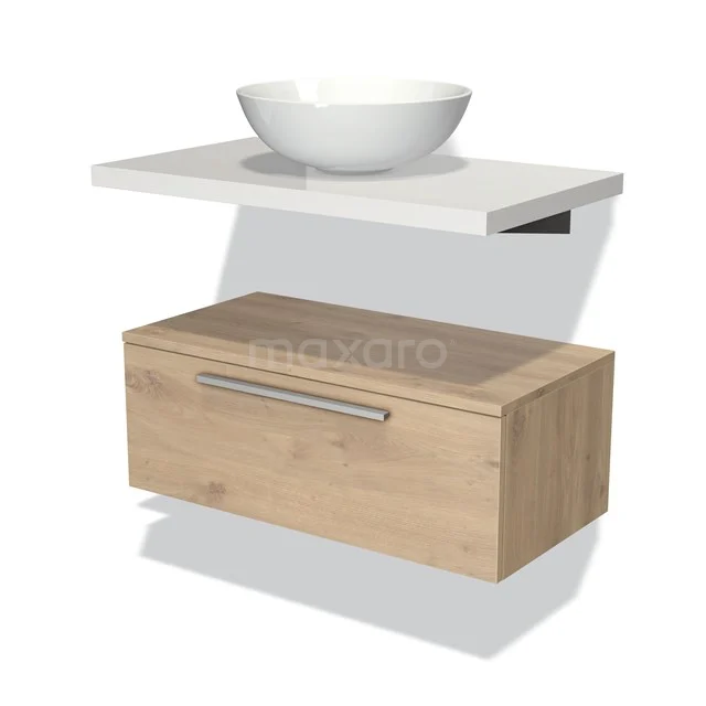 Holz Badezimmermöbel mit Schublade, keramisches Aufsatzwaschbecken und weißer Platte, modernes Design.