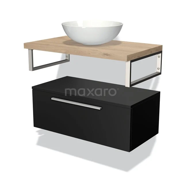 Modulo Plato Badmöbel mit Aufsatzwaschbecken | 80 cm Matt Schwarz Flach front Hellbraune Eiche blatt Tief hängend BMK32-00050 Schwarz-weißes Badmöbelset mit Holzplatte, Metallrahmen, weißem Aufsatzwaschbecken und Schublade; modernes Design für jedes Badezimmer.
