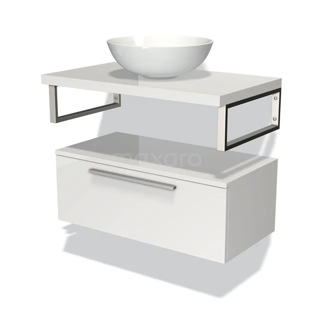 White floating bathroom unit with round countertop wash basin, clean design and metal details; ideal for modern bathrooms.