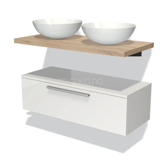 White Bathroom unit with drawers, wooden shelf, and double basin; modern design perfect for a stylish bathroom.