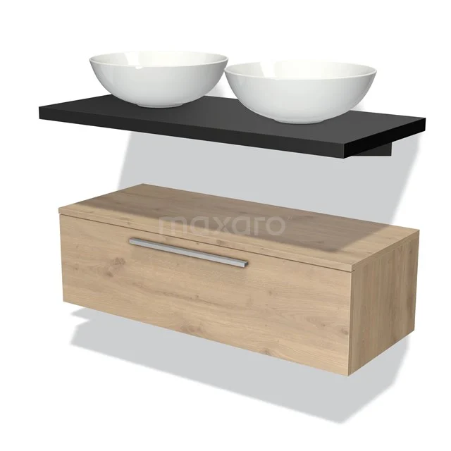 Modulo Plato Vanity units for countertop basin | 100 cm Light brown oak Flat front Matte black worktop Low floating BMK32-00074 Wooden bathroom cabinet with drawers, black countertop wash basin worktop and double white basins, ideal for modern bathroom spaces.