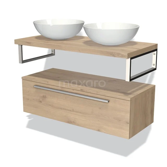 Modulo Plato Vanity units for countertop basin | 100 cm Light brown oak Flat front Light brown oak worktop Low floating BMK32-00088 Wooden bathroom unit with drawers, two white drawers and metal accents, ideal for a modern bathroom design.