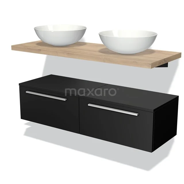 Black bathroom furniture set with wood-look basin worktop and two white countertop basins, modern design.