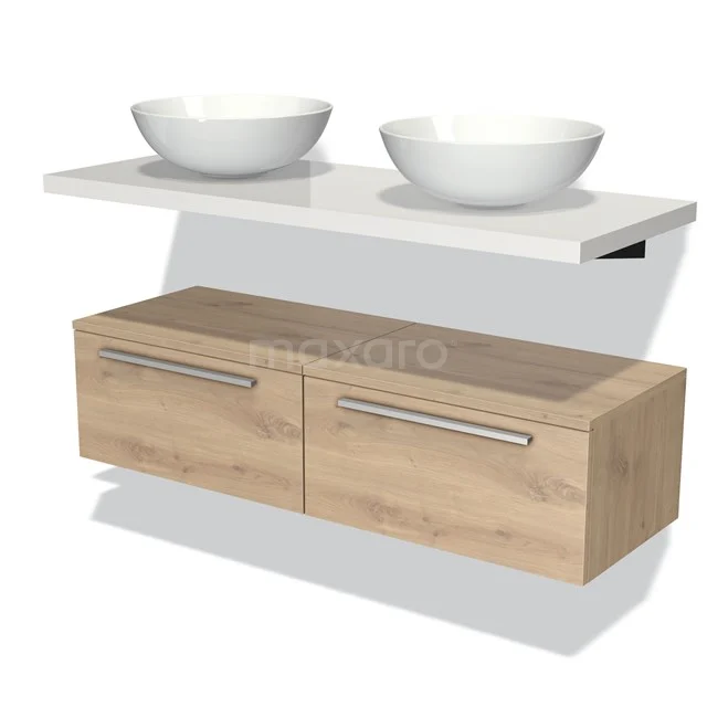 Modulo Plato Vanity units for countertop basin | 120 cm Light brown oak Flat front High-gloss white worktop Low floating BMK32-00105 Wooden bathroom unit with two drawers and white double countertop wash basin, perfect for a modern bathroom.