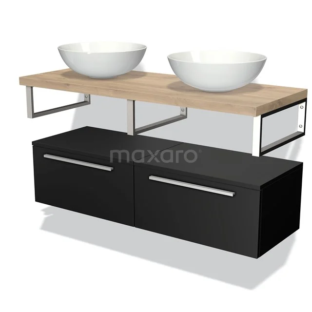 Black bathroom furniture set with two white ceramic countertop wash basins, wooden shelf and metal holders for a modern bathroom style.