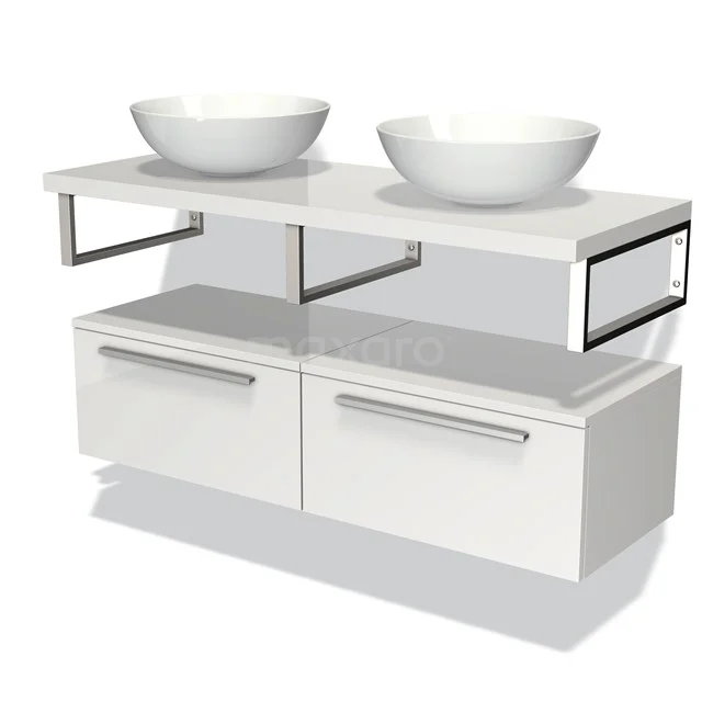 White double vanity unit with round bowls, clean lines and metal accents, ideal for a modern bathroom style.