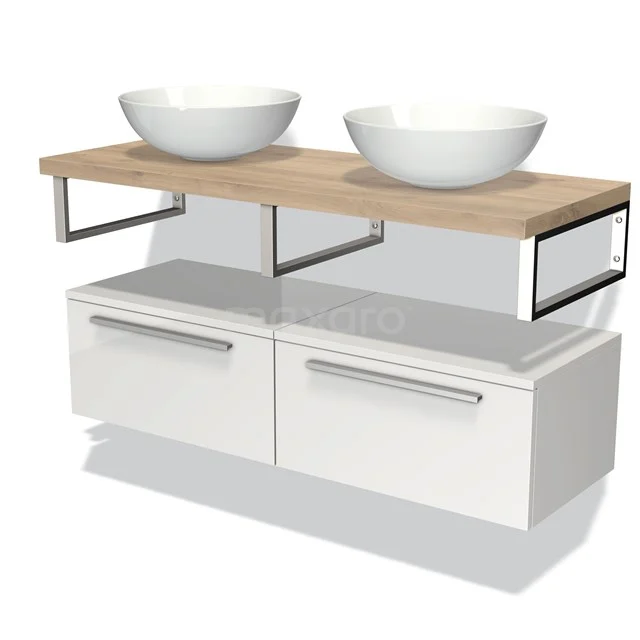 Modulo Plato Vanity units for countertop basin | 120 cm High-gloss white Flat front Light brown oak worktop Low floating BMK32-00116 Modern bathroom furniture set with white drawers, wooden worktop and double basins; sleek design for a stylish bathroom.