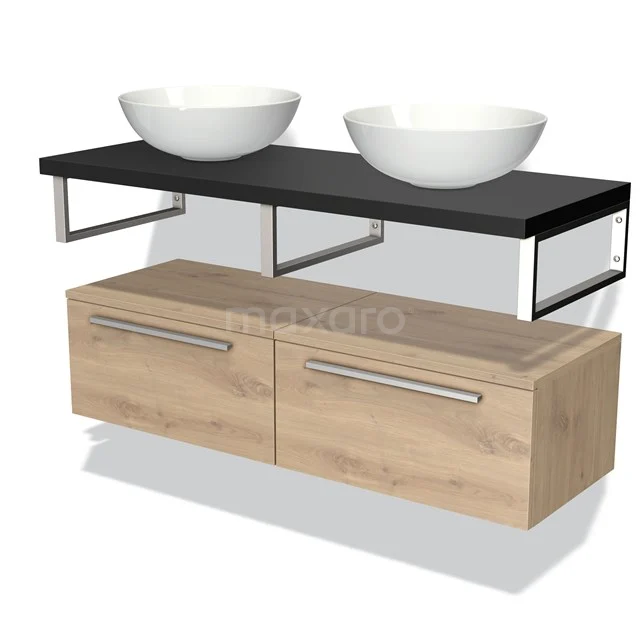 Modulo Plato Vanity units for countertop basin | 120 cm Light brown oak Flat front Matte black worktop Low floating BMK32-00119 Wooden bathroom unit with two drawers, black top and two white countertop wash basins, modern design.