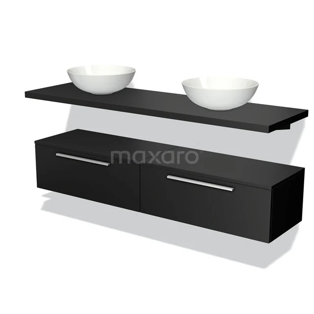 Modulo Plato Vanity units for countertop basin | 160 cm Matte black Flat front Matte black worktop Low floating BMK32-00121 Black hanging bathroom furniture set with two white countertop wash basins, modern design, glossy finish and clean lines.