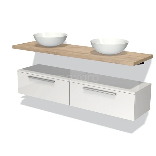 White floating bathroom unit with wooden worktop and double basin bowls, modern design for a stylish bathroom.
