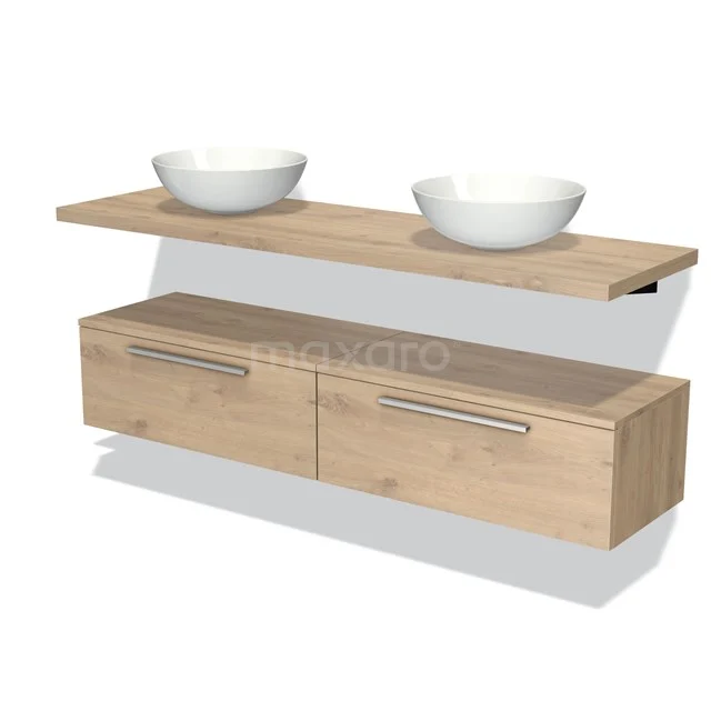 Modulo Plato Vanity units for countertop basin | 160 cm Light brown oak Flat front Light brown oak worktop Low floating BMK32-00133 Oak bathroom unit with two drawers and double white countertop wash basins, modern design, suitable for stylish bathrooms.