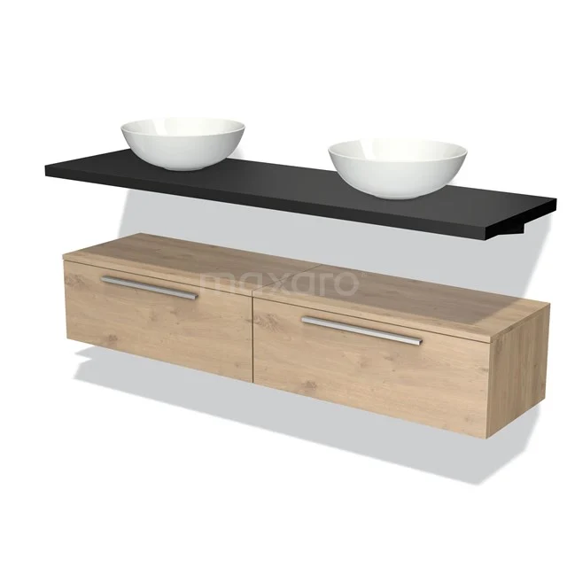 Modulo Plato Vanity units for countertop basin | 160 cm Light brown oak Flat front Matte black worktop Low floating BMK32-00134 Wooden Bathroom unit with black washbasin plate and two white surface-mounted bowls, modern design, ideal for a stylish bathroom.