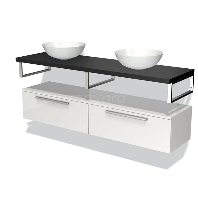 Weißes Badezimmermöbel mit zwei Schubladen, schwarzem Regal und zwei runden Aufsatzwaschbecken aus Keramik, modernes und schlichtes Design.