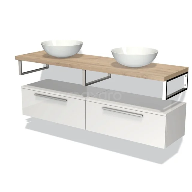 Double vanity unit with white ceramic, wooden worktop, and white drawers. Stylish design for modern bathroom interiors.