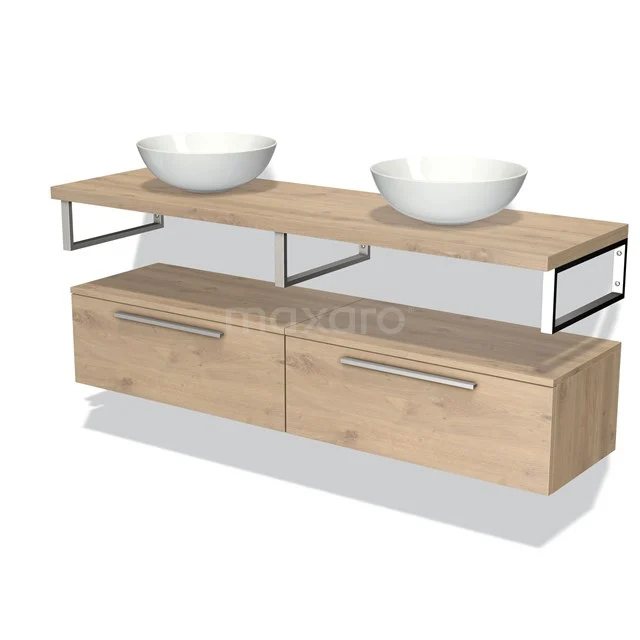 Oak bathroom unit with double basin bowls, metal accents and spacious storage drawers, modern and stylish design.