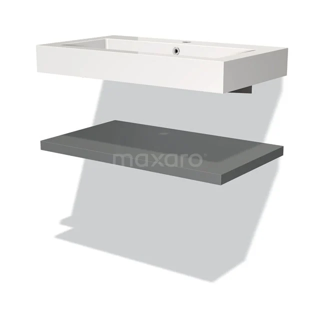 Weißes keramisches Waschtischplatte mit antrazitgrauer Platte, modernes Badmöbel ohne Hahnloch, minimalistisches Design.