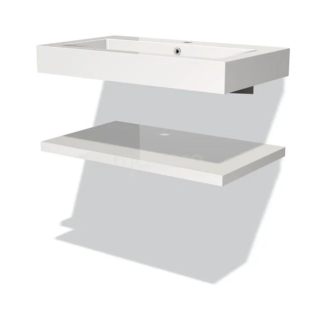 White ceramic bathroom unit with integrated vanity units with basin and glass shelf, modern design from premium bathroom collection.