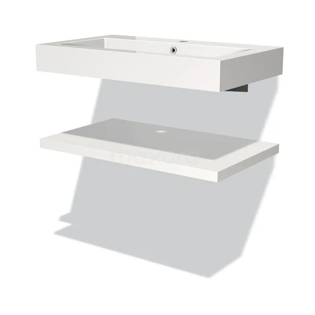 Weißes keramisches schwebendes Waschtischmöbel mit integrierter Ablage, ideal für ein modernes und minimalistisches Badezimmer.