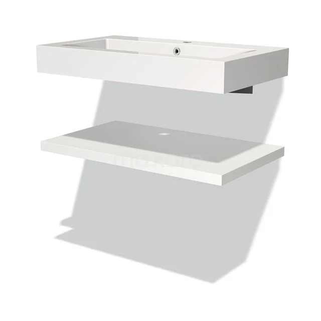 Weißes keramisches schwebendes Waschtischmöbel mit integrierter Ablage, ideal für ein modernes und minimalistisches Badezimmer.