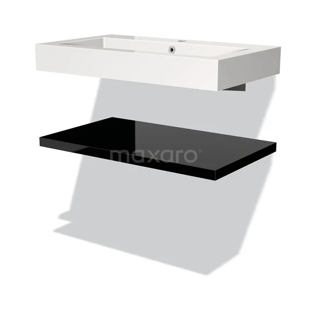 White Basin worktop with integrated sink and black lower shelf, sleek design ideal for modern bathrooms.