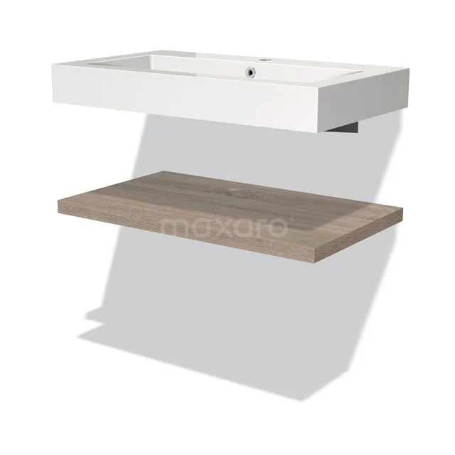 White ceramic bathroom unit with wooden shelf, modern floating design from stylish minimalist series.
