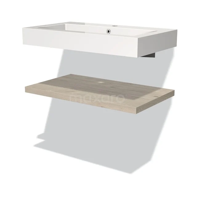 Weißes rechteckiges Waschtisch mit keramischem Waschbecken und Holzregal, ideal für eine moderne Badezimmergestaltung.