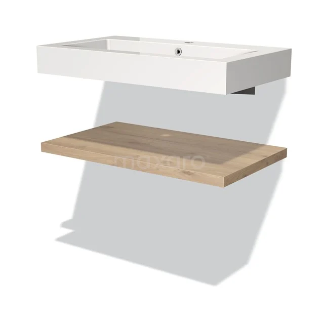 White ceramic basin worktop with oak shelf, modern design, ideal for minimalist bathroom interiors.