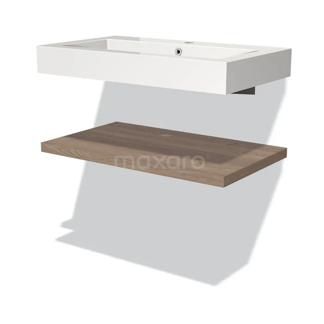 Weiße rechteckige Waschbecken mit Schublade in Holzoptik, perfekt als stilvolle und funktionale Ergänzung zu deinem modernen Badezimmer.