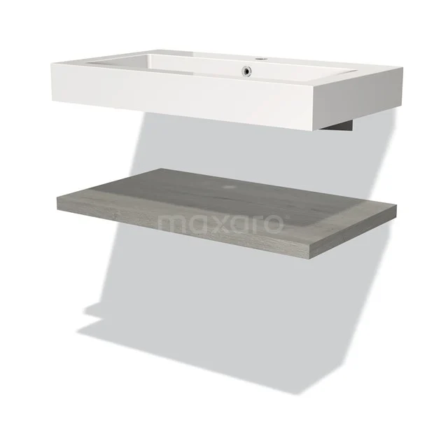 White modern basin with grey concrete shelf, sleek design, ideal for a stylish bathroom.