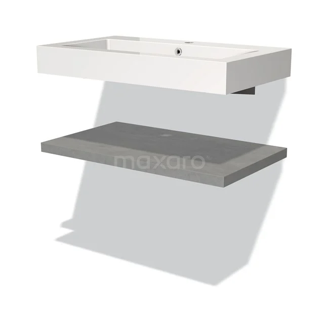 Modern white basin with grey shelf in minimalist design, ideal for stylish bathroom design.