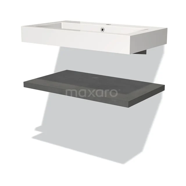 White ceramic basin worktop with integrated grey top shelf, modern design, ideal for minimalist bathroom interiors.