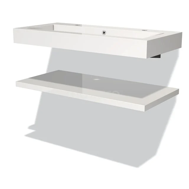White ceramic Basin worktop with integrated shelf, ideal for stylish bathroom design.