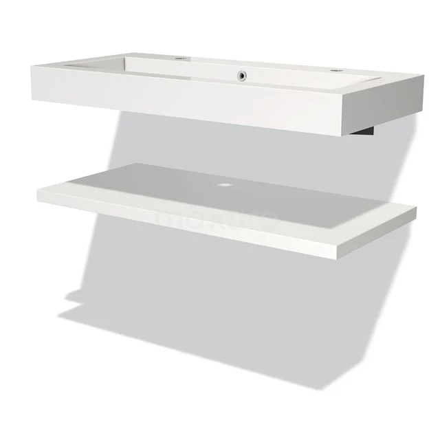 White ceramic basin worktop with integrated basin, rectangular design and additional shelf, ideal for modern bathrooms.