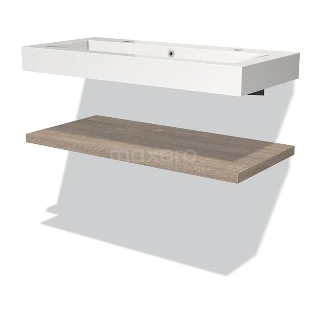 White ceramic wall sink top with natural wood shelf, perfect for a stylish and functional bathroom design.