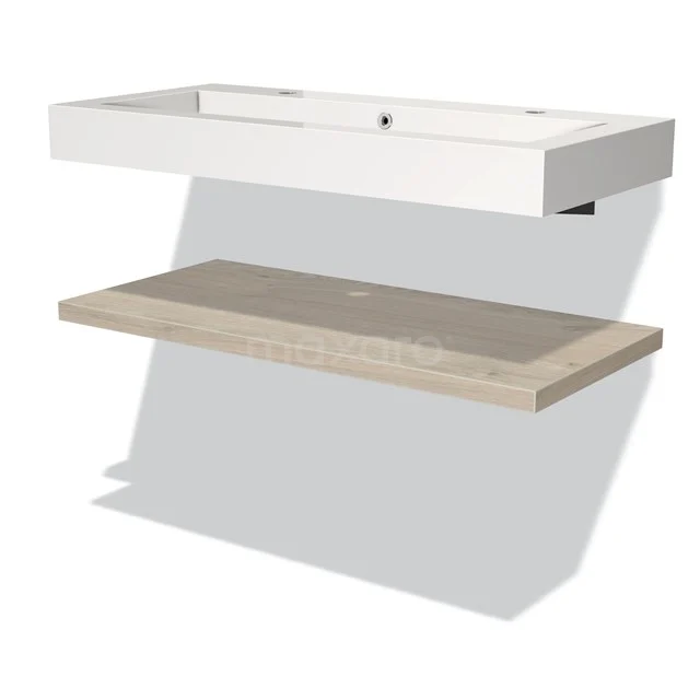 Weißes keramisches Waschtischplatte mit Eichenholzplatte, modernes Design ideal für stilvolle Badezimmergestaltung.