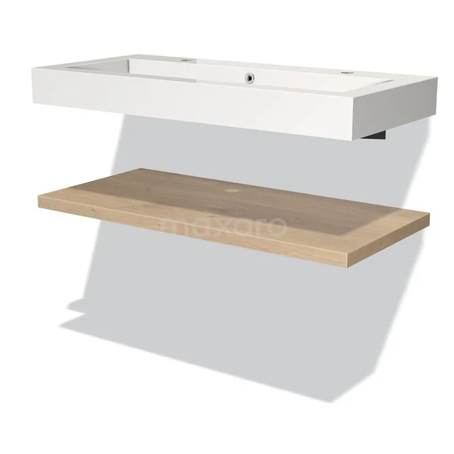 Wandhängendes weißes Waschbecken mit integrierter Holzplatte, modernes Design, ideal für stilvolle Badezimmergestaltung.