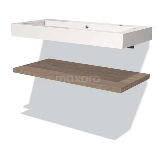 Modulo Bathroom furniture with sink | 100 cm Mid brown oak front Mineral marble Basin with worktop BMW10-00024 White rectangular vanity unit with wooden shelf, modern design; ideal for stylish and functional bathroom design.