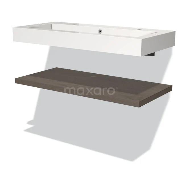 White ceramic basin worktop with wooden shelf in dark oak look, ideal for modern bathroom design.