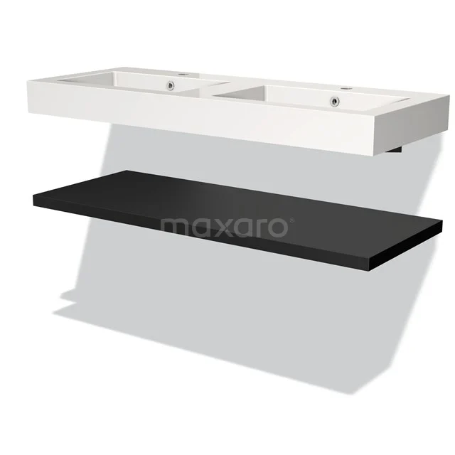Weißes keramisches Doppelwaschbecken mit schwarzem Regal, modernes Design, ideal für platzsparende Badezimmerlösungen.