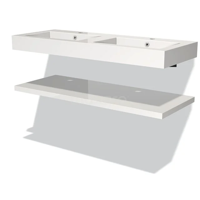 Weißes Doppel-Waschtischmöbel mit klarem Design, schwebendes Modell, inklusive Glasregal, ideal für moderne Bäder.